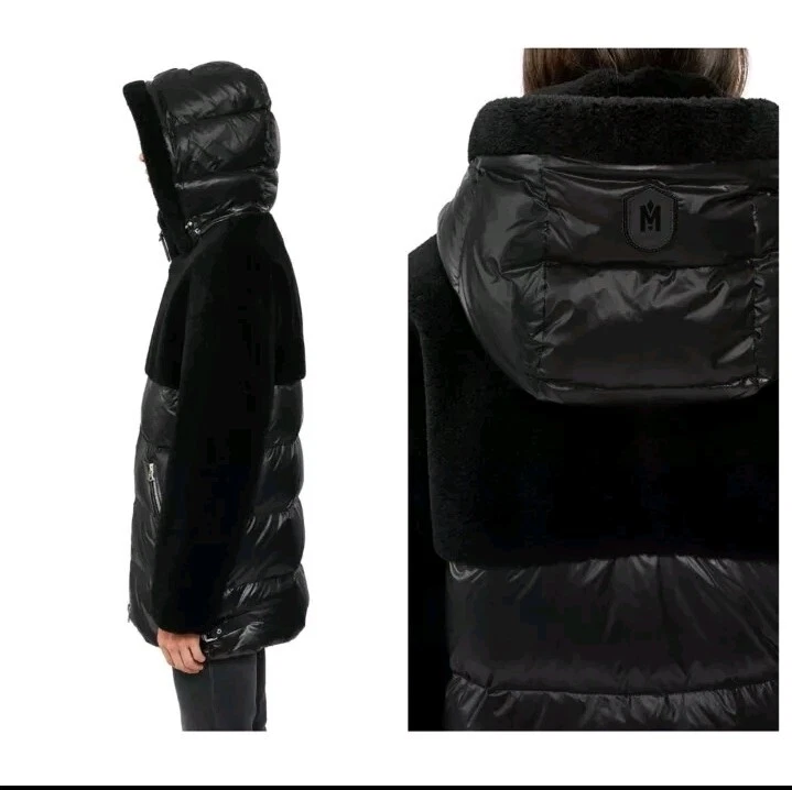 Abrigo Mackage Junia Mediano Pato Plumón Capucha Chaqueta LOGO Peluche Lana Cuero Borde Usado en Excelente Condición Foto 2 de 4