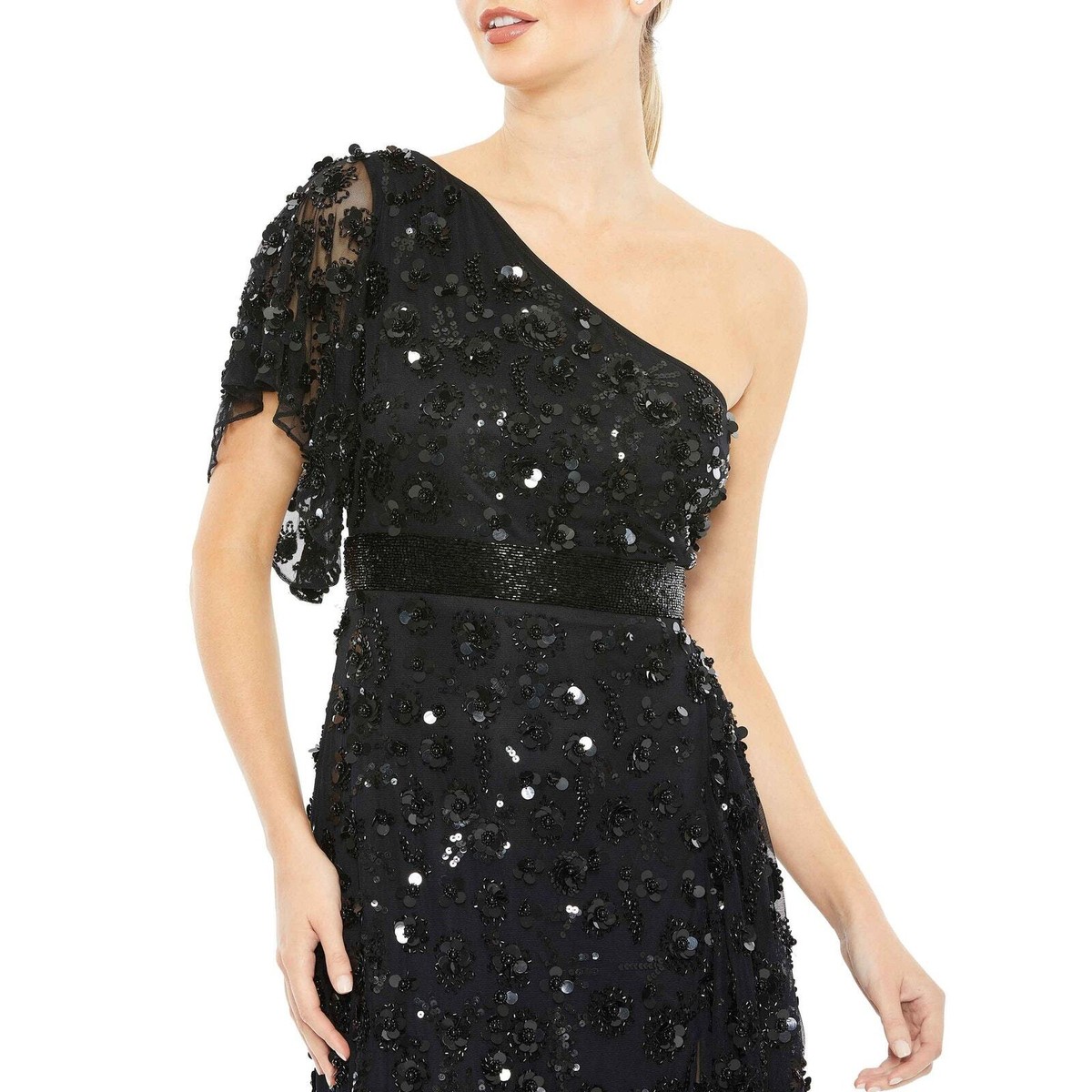 (US発)Mac Duggal スパンコールワンショルダー ドレス Mac Duggal Women's Black One Shoulder Embellished Gown Size