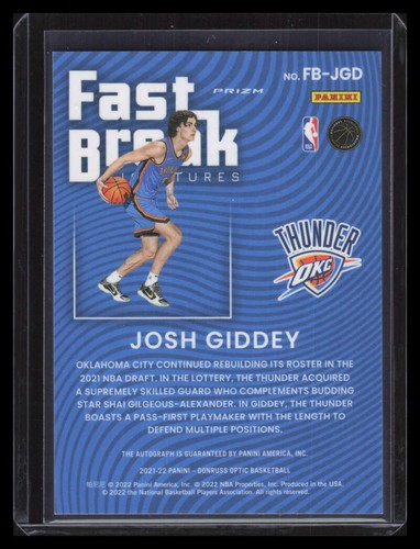 2021-22 Donruss Optic Fast Break Signatures 64 Josh Giddey Rookie Auto - Picture 2 of 2