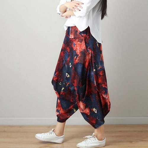 Ethnic Style Women Cotton Linen Lantern Pants Elastic Waist Ninth Trousers Loose - Picture 7 of 22