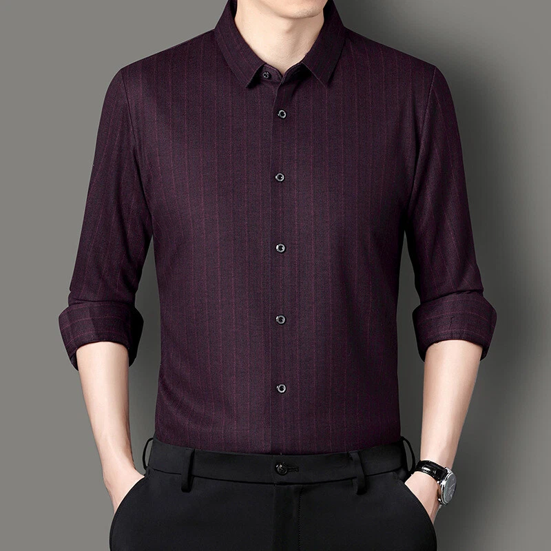 Otoño Primavera Para Hombres 100% Cachemira Manga Larga Camisas Negocios Rayas Prendas para el torso Botón Foto 4 de 4