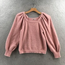 89th + Madison Puff Sleeve Sweater Womens L Pink Balloon Sleeve Fuzzy Casual NEW