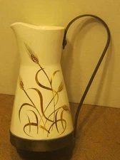 Mid Century Modern Ceramic Pitcher WHEAT STEM Design with Metal Trim CLASSIC!!