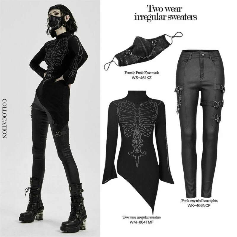 PUNKRAVE Women Two Wear Irregular Sweaters Gothic Slim Fit Long Sleeve  Pullover