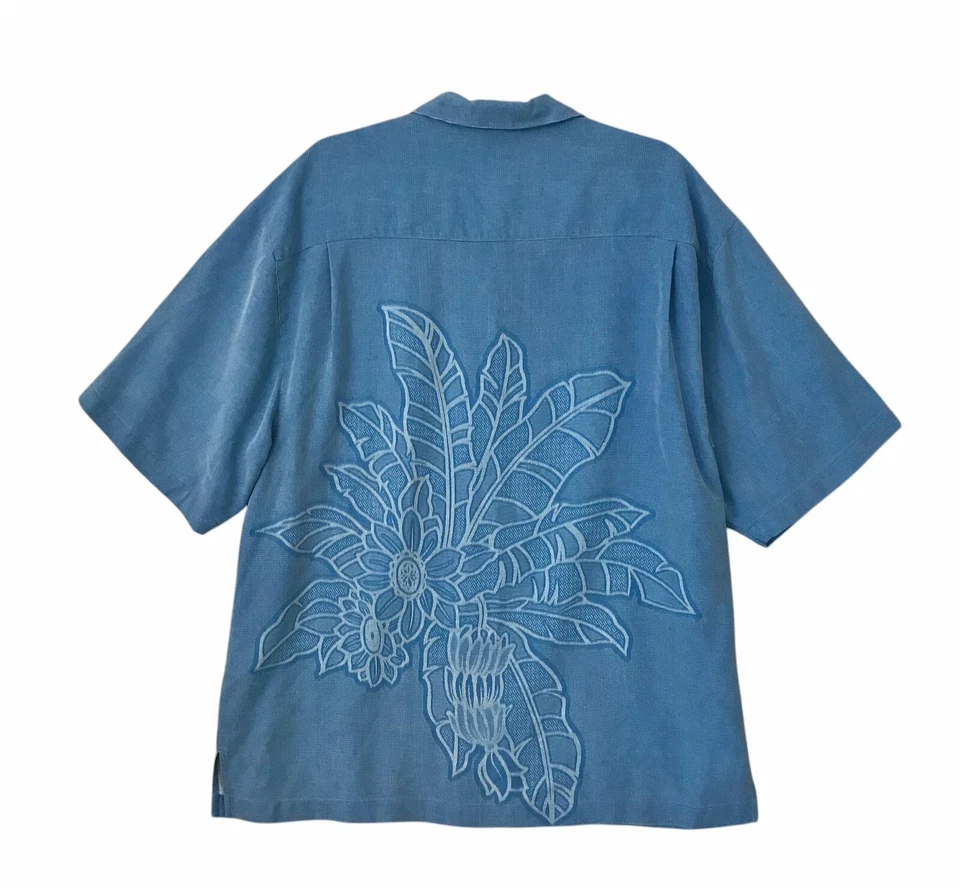 Camisa de campamento hawaiana Montego Mon 100 % seda jacquard azul costera para hombre talla XL Foto 3 de 4