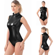 Fashion New Women Shiny Dance Jumpsuits High Neck Sleeveless Gymnastics Leotards