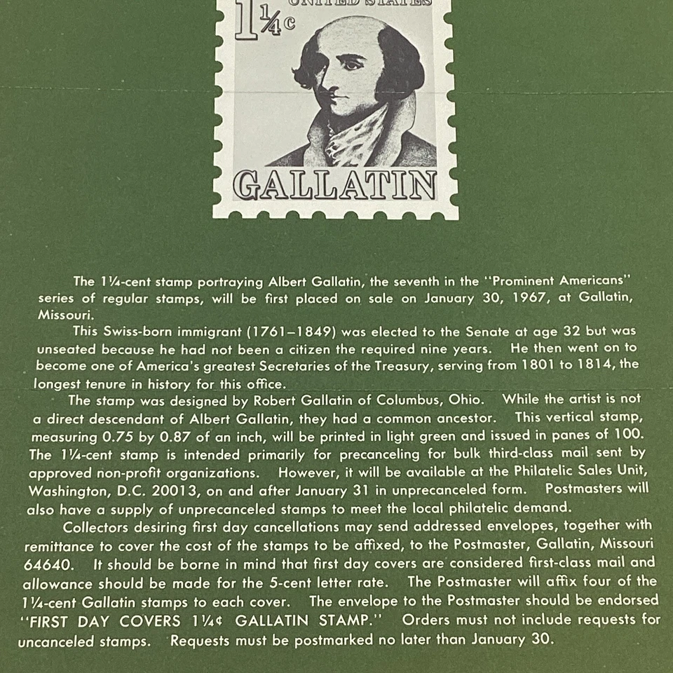 1967 1.25¢ Secretary Of Treasury Albert Gallatin Regular Postage Stamp FDC Ad - Image 3 of 4
