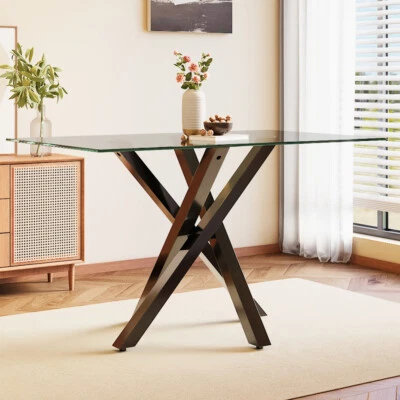 DREAM-HOMELAND 130x80cm Clear Glass Dining Table Modern Kitchen Dinner Table Steel Cross Legs