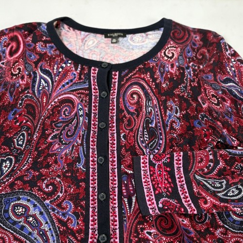 Talbots Cardigan Petite M MP Red Black Pink Paisley Button Front Long Sleeve - Picture 7 of 12