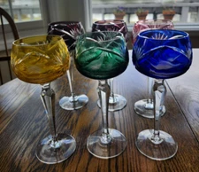 6 BOHEMIAN CUT TO CLEAR CRYSTAL WINE HOCKS  7.5'' ETCHED BIRD