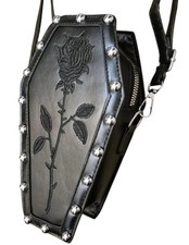 Coffin Shaped Black Handbag, Embellished Rose Design Goth Emo Alternative Clutch