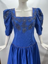 Vtg 80s Blue Beaded  Applique Puff Sleeve Midi Tea Length Prom Party Dress M/L