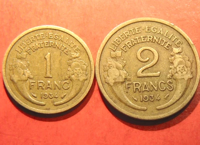 Lot 2 pièces: 1 franc et 2 francs Morlon 1934 Bronze-Alu - Photo 1/2
