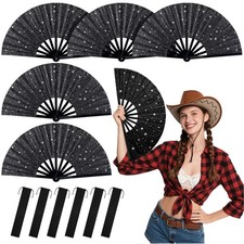 6PCS Glitter Rave Fan,13in Large Folding Hand Rave Fan with 6 Fabric Case Bag...