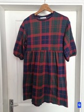 Zara Trafaluc Womens Red Green Tartan Check Smock Dress Size S UK 8