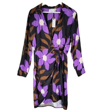 Velvet by Graham & Spencer Purple Floral Print Satin Wrap Dress Size M Janey