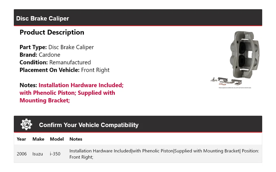 Pinza de freno de disco delantera derecha Cardone Isuzu i-350 2006 Foto 2 de 4
