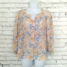 Ana A New Approach Blouse Women Small Yellow Blue Floral Puff Sleeve V Neck Boho