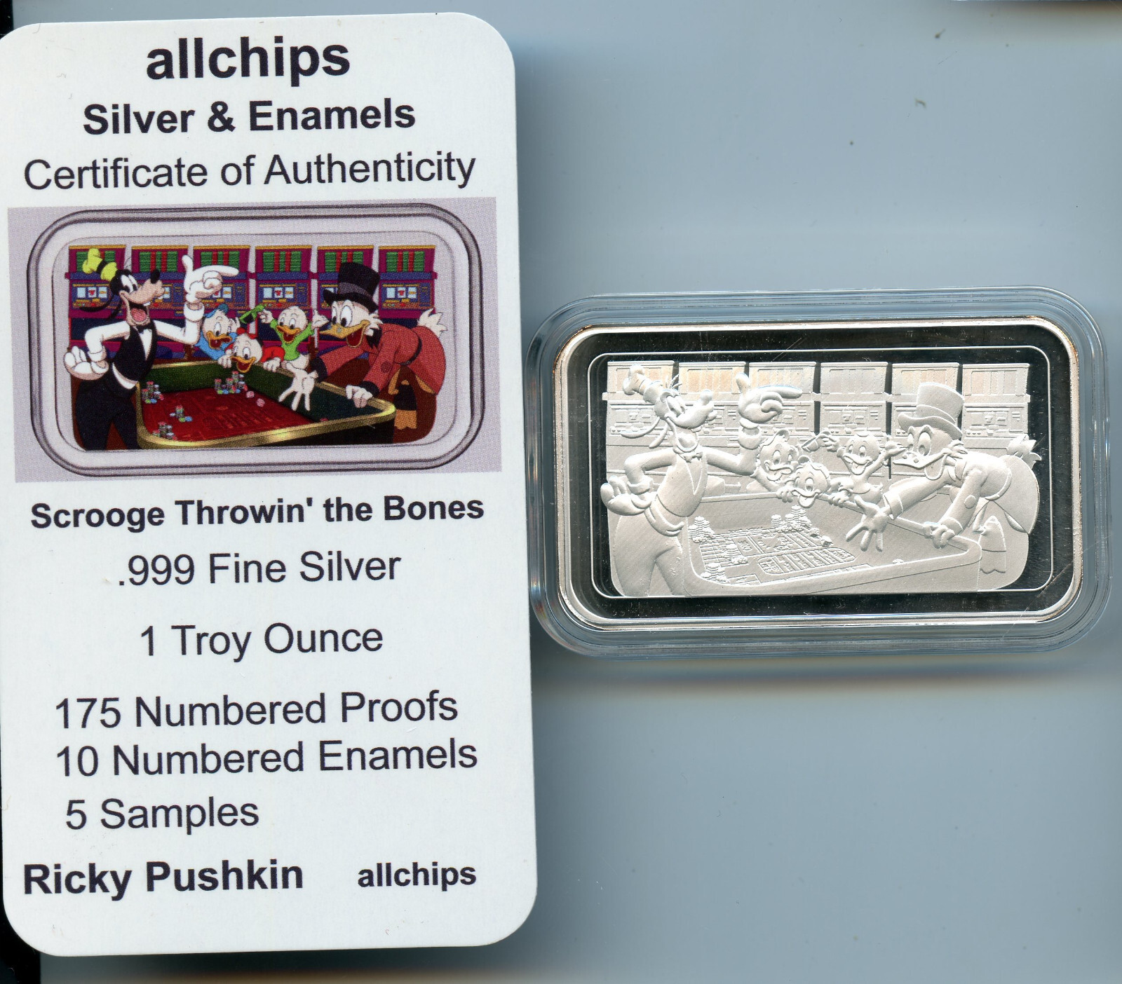 all-chips Mint SCROOGE THROWIN the BONES Vegas Bar 1 troy oz. .999 Fine Silver