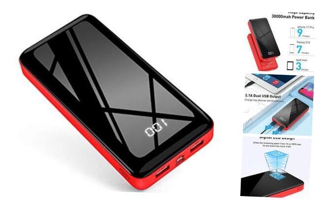 30000mAh Portable Power Bank with LCD Display in Red - High Capacity External Battery Charger-image