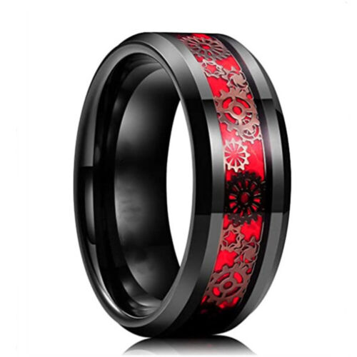 Mens&Women Steampunk Gear Wheel Blue Carbon Fiber Black Tungsten Wedding Ring - Picture 1 of 8
