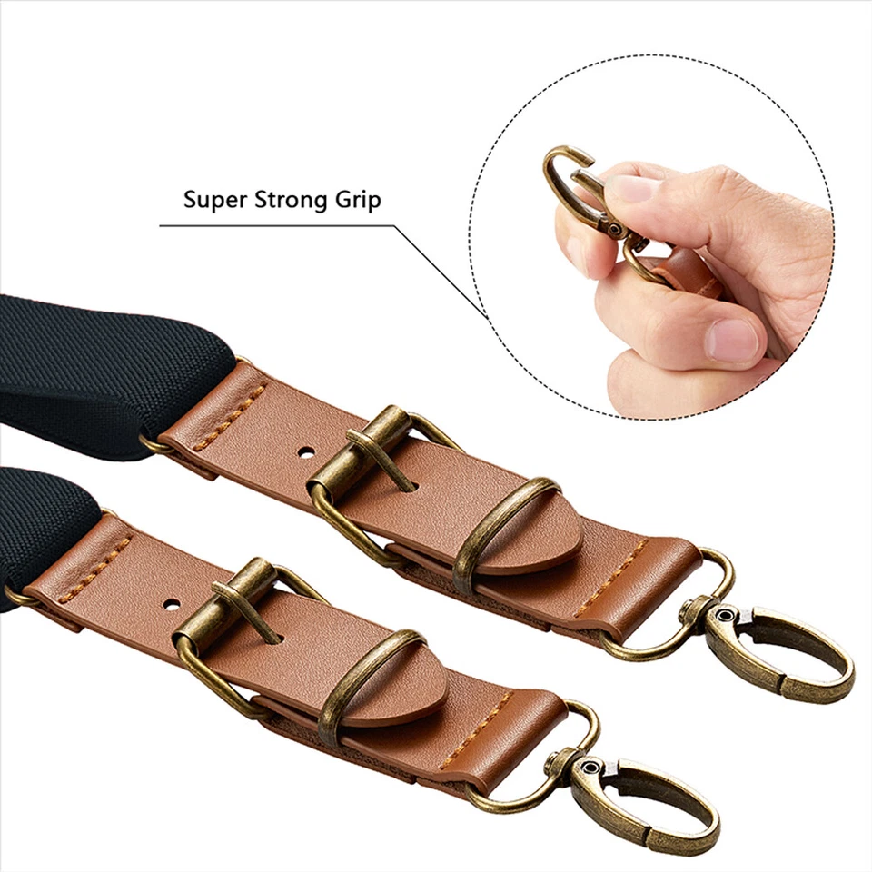 Mens Suspenders Adjustable Elastic Leather Y-Shaped Hooks Pants Braces Solid - Image 2 of 4