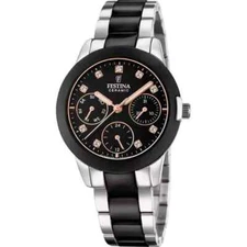 Festina Ceramic F204973 Womens Silver Black Steel Analog Chronograph Watch 35 mm
