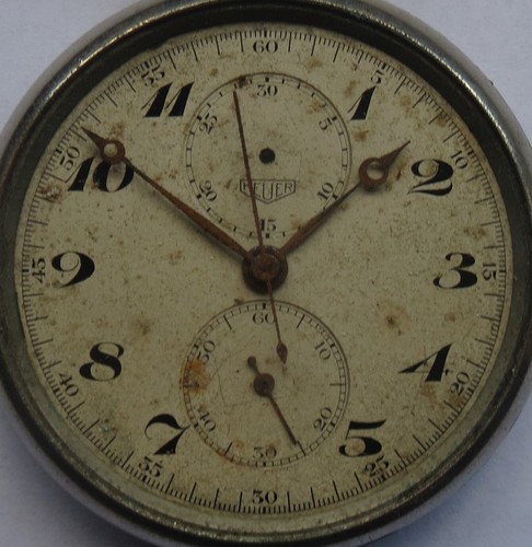 Heuer Chronograph Pocket Watch Open Face Nickel Chromiun Case - Picture 3 of 9