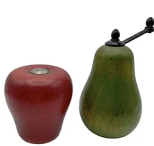 VINTAGE WOODEN APPLE AND PEAR SALT and PEPPER SHAKER SET PAIR 