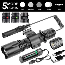 Powerful Rechargeable Tactical LED Flashlight Gun Weapon Light Rail Mount Remote