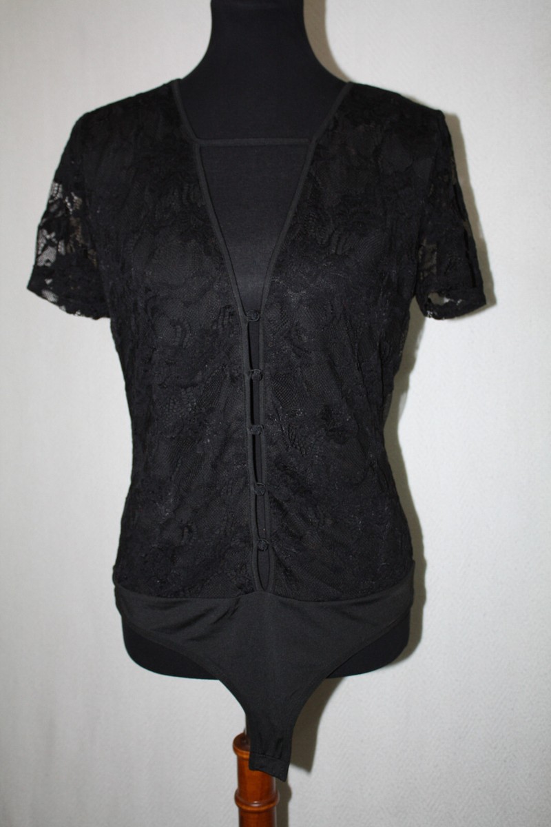 Bebe Sz L Black Lace Short Sleeve Bodysuit Lined Plunge Neck | eBay