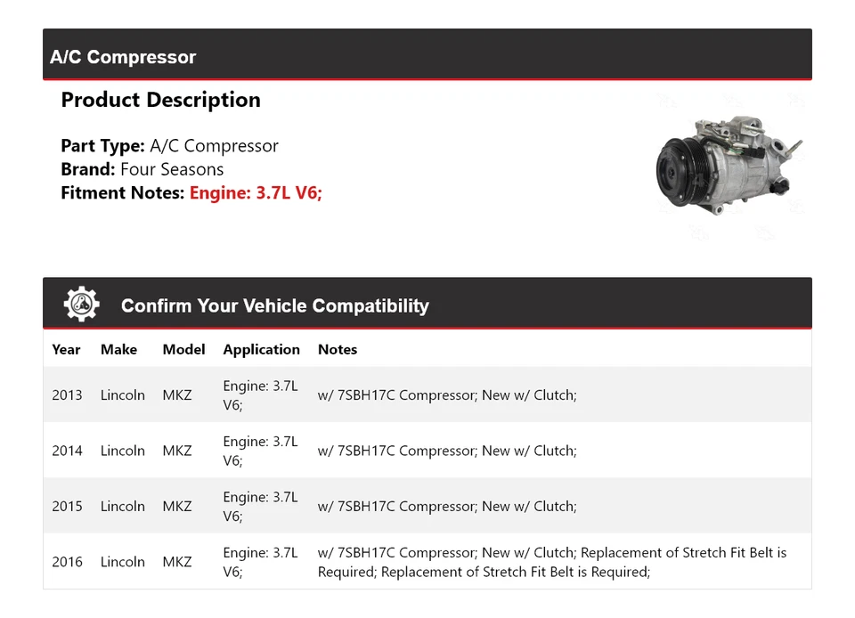 Compresor de aire acondicionado para Lincoln MKZ 2013-2016 3,7 L V6 4 estaciones 2014 2015 Foto 2 de 4