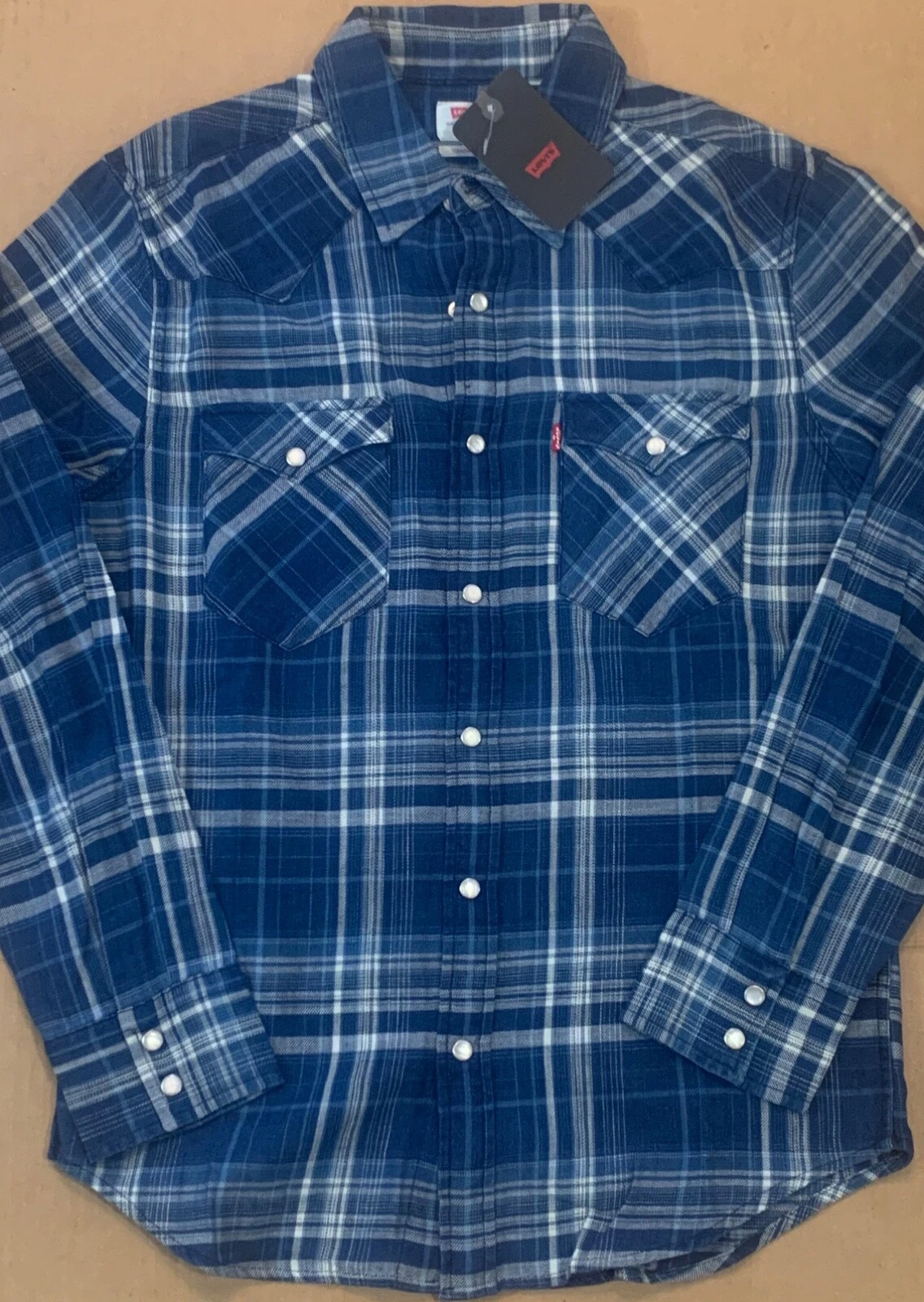 NWT $70 Levis Blue & White Plaid Pearl Snap Red Tab Long Sleeve Shirt Size M