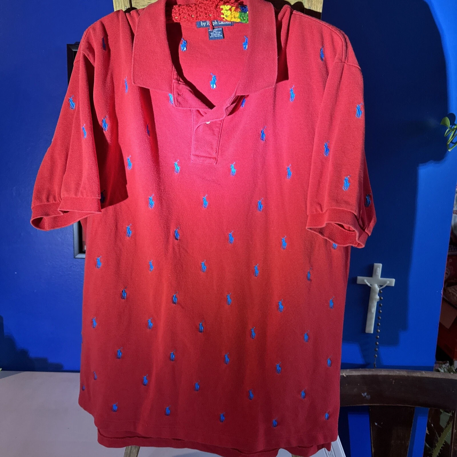 Polo Ralph Lauren Red 2Button Collared Shirt, Embroidered Blue Pony Design XL