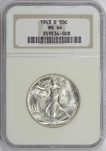 1943-D Walking Liberty Half Dollar 50c NGC MS64, Flashy Luster [29F04]