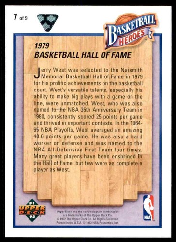 Salón de la Fama Jerry West 1979 Upper Deck 1991-92 #7 de 9 - Imagen 2 de 2