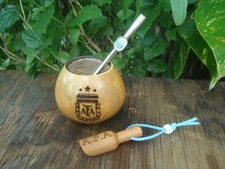 Mate Calabaza, Hand Made, Straw Logo AFA , Spoon BONUS- Yerba Mate, Soccer Argen