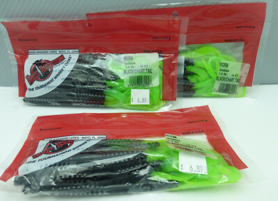 Bass Assassin 7.5'' Curl Tail worms Black/Chartreuse Tail 3 packs of 15 BA8205