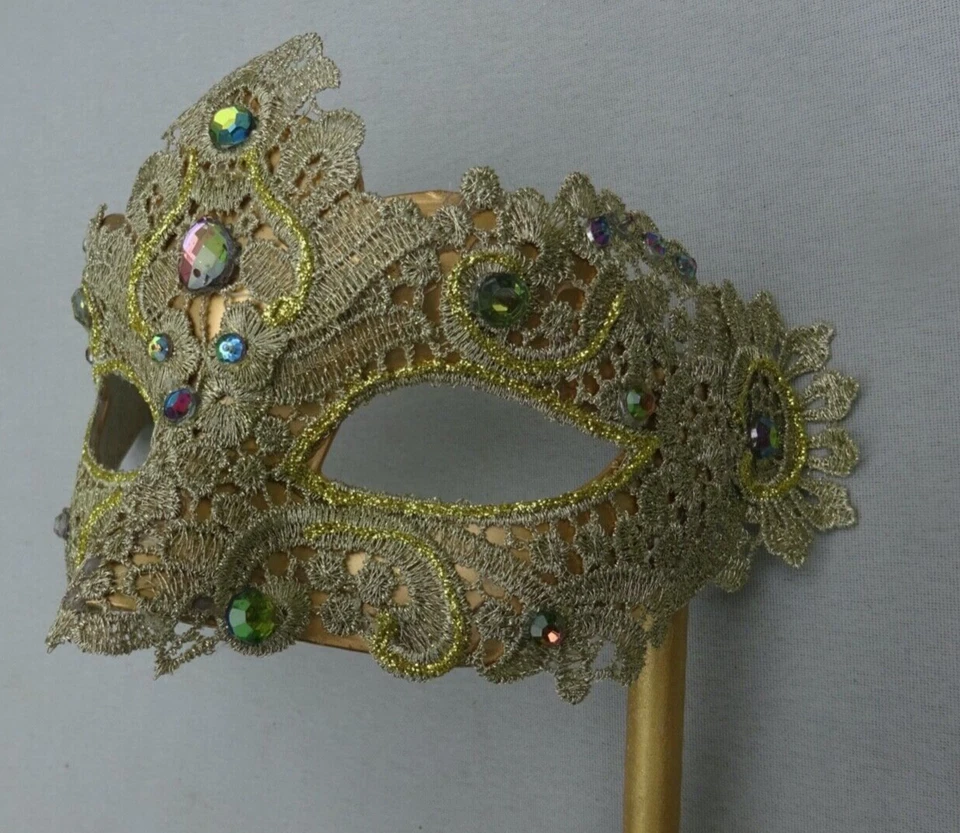 HAND HELD GOLD JEWELLED LACE BROCADE MASK VENETIAN MASQUERADE EYE BALL ON STICK - Image 4 of 4