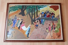 Vintage  Haitian Primitive Large Oil Painting on the Board Signed by Artist