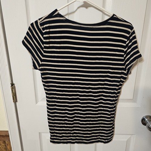 Blusa Camiseta Top Tahari Para Mujer Manga Corta Talla L Azul Marino Beige Rayas Preparación Náutica - Imagen 6 de 9