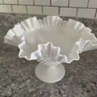 Vintage Fenton White Milk Glass Hobnail Pedestal Bowl Compote-Ruffled Edge