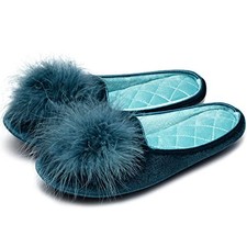 Women's Fuzzy Pom Pom Velvet Memory Foam House Slippers Ladies 8.5-9 Turquoise