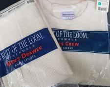 NOS Fruit Of The Loom Men's Drawer Thermals & Long Sleeve Crew Natural 1998 NIP