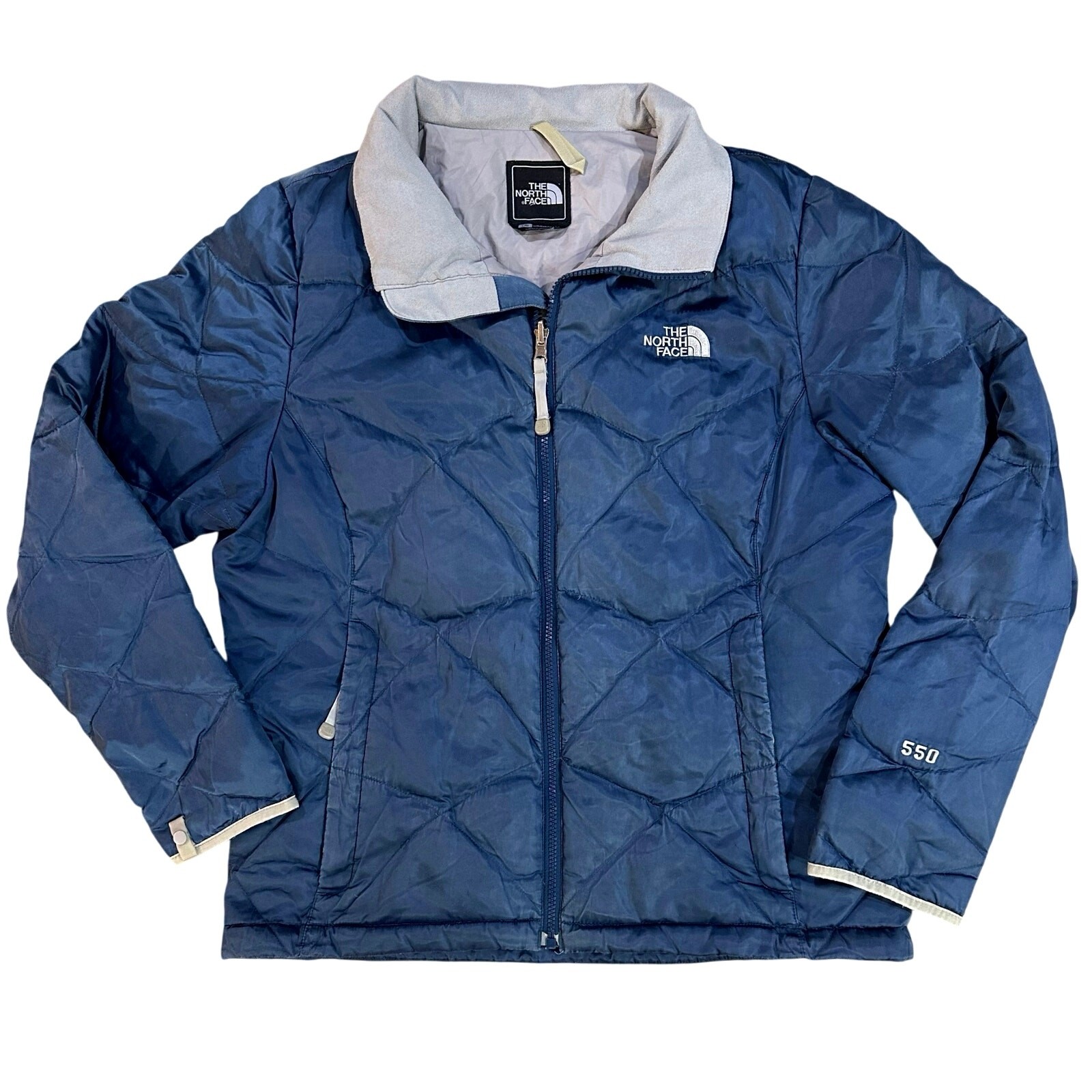 North Face Womens Large 550 Goose Down Full Zip Puffer Quilted Jacket in Blue