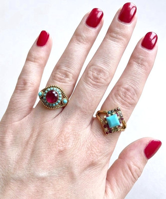 Set /Bundle 2 Acrylic Red & Turquoise Turkish Inspired Multicolor Rings Size 8.5