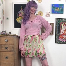 Vintage Betsey Johnson Rose Print Mini Skirt, 90s Fairygrunge Accordion Pleat XS