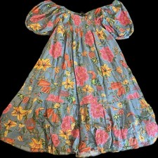 Farm Rio Anthropologie Blue Tropical  Puff Sleeve Maxi Dress Sz XL