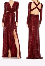 NWT Mac Duggal Wine 26739 Sequined Cross Cutout Long Sleeve Gown size 8