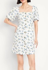 Old Navy Women's Puff Sleeve Square Neck Linen Rayon Ditsy Floral Mini Dress - L